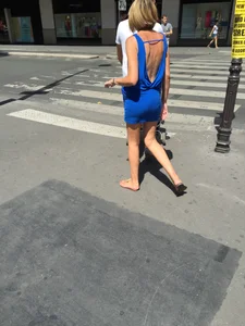 Blonde milf in tiny blue skirt with vpl