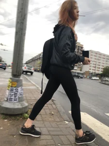Cute Smoking Girl in Black Tights on the Crosswalk Creepshots Collection