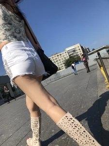 Hot Girl in White Mini Shorts Abs Boots Walking Up the Stairs Street Creepshots Gallery