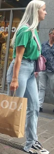 Blonde candid hottie wearing tight blue jeans, multiple closeups of her booty