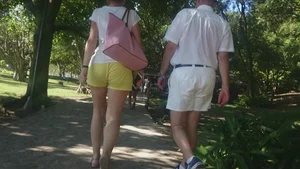 Milf in yellow shorts with vpl and a wedgie