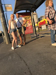 Blonde With Gorgeous Legs in Denim Shorts at the Bus Stop Creepshots Gallery