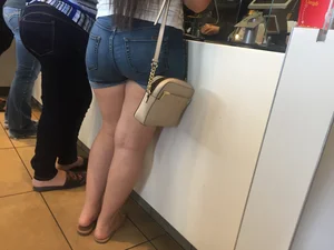 Chunky Ass and Legs in Blue Denim Shorts Cafeteria Creepshot