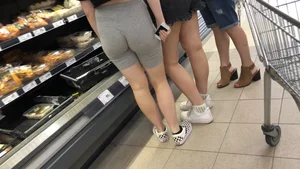 Cute brunette shopping with a nice ass in tight grey shorts with a wedgie