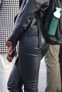 Black babe out in tight shiny pants with slight vpl
