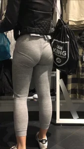 Great Ass in Grey Tights With Visible Panty Line - Candid Closeup Photos at the Store