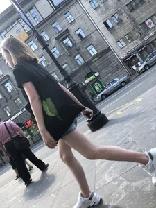 Candid Teen in Denim Shorts And Sneakers With Slim Legs Street Photos