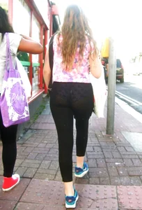 See through leggings girl with a nice ass and purple patterned panties