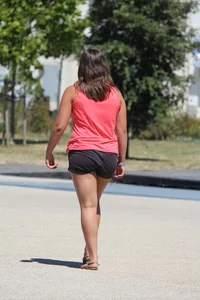 Thick girl in pink top and black shorts with vpl
