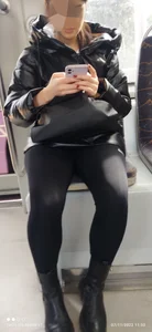 Sexy Candid Girl in Leggings And Boots Sitting in a Public Bus Creepshot