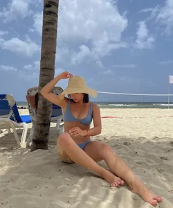 Hot Girl in a Swimsuit And a Hat Beach Photo, Awesome Legs