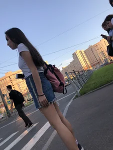 Girl in Denim Skirt with Hot Skinny Legs Street Candid