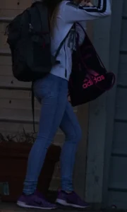 Girl next door teen walking to car in various tight jeans