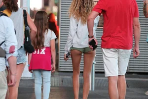 Cheeky sexy babe tourist out in tiny green jean shorts