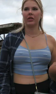 Blond with Pierced Nips through a tight top, First Post