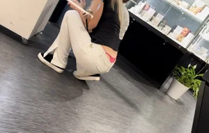Amazing blonde in white pants with thongslip