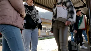 College girl in brown leather pants