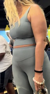 Plump Dumpy Blonde MILF in turquoise two-piece Spandex