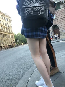 Candid teen with hot slim legs at the crosswalk street creepshots