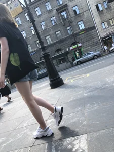 Candid Teen in Denim Shorts And Sneakers With Slim Legs Street Photos