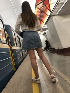 Sexy Chick in a Blouse, Jean Skirt And Sandals Subway Station And Train Creepshots - Great Legs