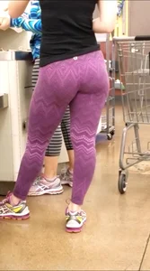 Thick Blonde in purple leggings