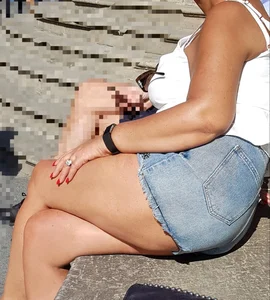 Chubby And Mature Candid Milf in Jean Shorts Sitting With Crossed Legs Street Creepshot