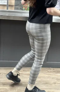 Nice booty and legs in grey checkered tight pants creepshots