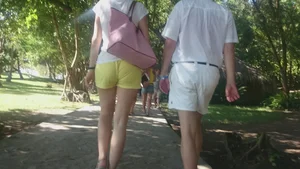 Milf in yellow shorts with vpl and a wedgie