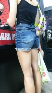 Perfect Hot Legs and Booty in Blue Denim Mini Shorts Closeup Candid Photo