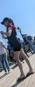 Very slim asian in black short legging. (VPL) OC
