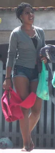 Black booty in denim shorts with slight vpl