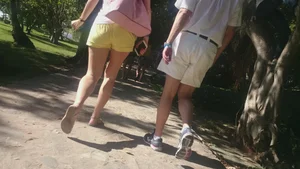 Milf in yellow shorts with vpl and a wedgie