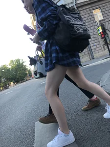 Candid teen with hot slim legs at the crosswalk street creepshots