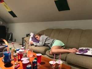 Barefoot Girl in a Skirt Asleep on the Couch Home Party Creepshot