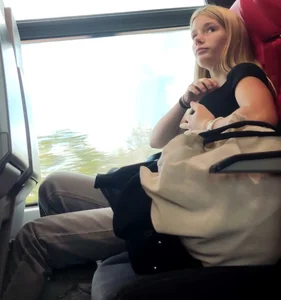Hot busty blonde on train