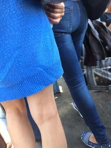 Milf With Sexy Thin Legs in a Blue Dress And Red Flats Street Creepshots