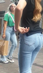 Blonde candid hottie wearing tight blue jeans, multiple closeups of her booty