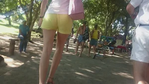 Milf in yellow shorts with vpl and a wedgie