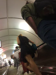 Girl in See-Through Dress, Shorts and Sandals Subway Train and Escalator Candid