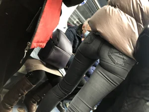 Some extremely lean and firm ass in tight grey jeans in a subway train closeup creepshots