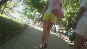 Milf in yellow shorts with vpl and a wedgie