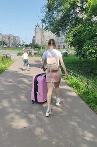 Cute Girl with Large Suitcase Street Candid Photos