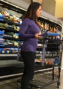 Big boobed brunette in leggings grocery shopping with a nice ass too
