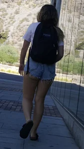 Blonde in cheeky jean short shorts! OC!