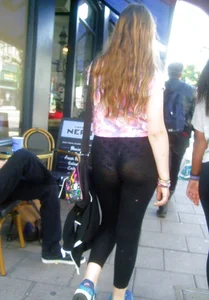 See through leggings girl with a nice ass and purple patterned panties