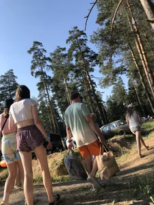Skinny Teens in Shorts and a Top Walking on a Forest Road Photo Gallery
