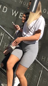 Sexy blonde in tight grey leggings shorts. Insane wedgie and vtl