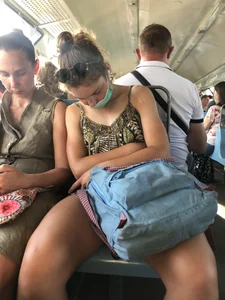 Cute Candid Teen Girl in Shorts Fell Asleep in a Public Train