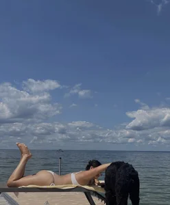 Hot Girl in a Bikini Swimsuit Lying on a Sunbed And Petting a Large Dog